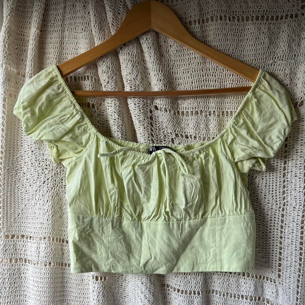 Zara Green Off Shoulder Ruched Milkmaid Crop Top Linen Blend Pastel Medium
